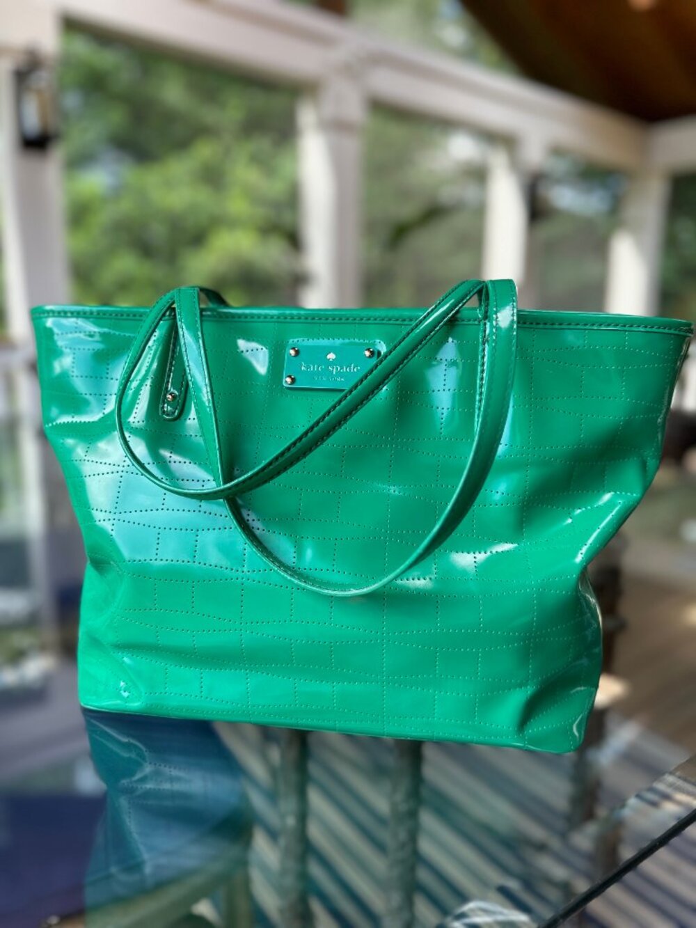 Kate Spade Punched Tote Bag Verna Green Patent Kelly Green
